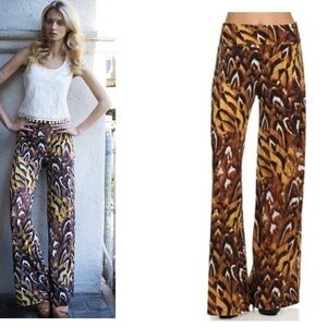 Brown yellow Feathered Cheetah print Palazzo Wide Leg Pants Sz S